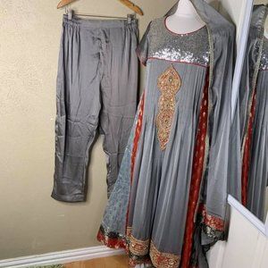 Women's Anarkali Embroidered Suit Gray and Red Set Small